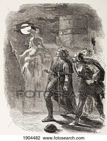 Stock Image - Illustration From Hamlet By William Shakespeare. Hamlet, Horatio And Marcellus See The Ghost. From The Illustrated Library Shakspeare, Published London 1890.. Fotosearch