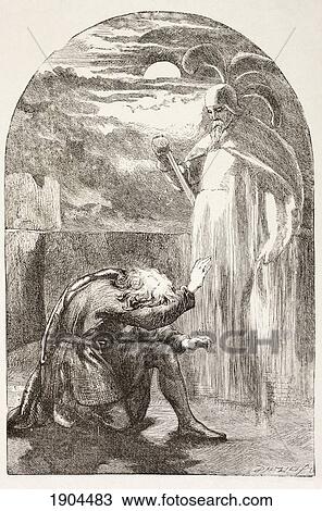Stock Image - Illustration From Hamlet By William Shakespeare. Hamlet Sees The Ghost, The Spirit Of His Father. From The Illustrated Library Shakspeare, Published London 1890.. Fotosearch