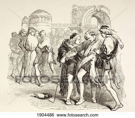 Stock Photograph - Illustration From Romeo And Juliet By William Shakespeare. Tybalt Is Fatally Wounded By Romeo. From The Illustrated Library Shakspeare, Published London 1890.. Fotosearch