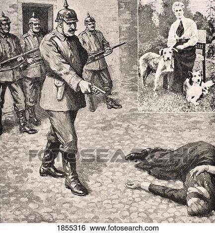 Stock Photograph - Imaginary Drawing Of Execution Of Edith Louisa Cavell 1865 To 1915 British Nurse And Humanitarian On October 12 1915. Inset Edith Cavell At Home With Her Dogs From The War Illustrated Album Deluxe Published London 1916. Fotosearch