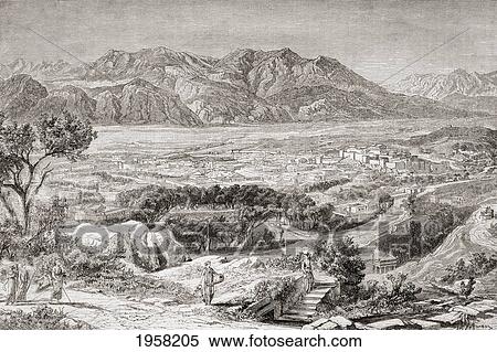 Stock Photography - Imaginary View Of The City Of Ancient Sparta With Mt Taygetus Behind. From El Mundo Ilustrado, Published Barcelona, 1880.. Fotosearch