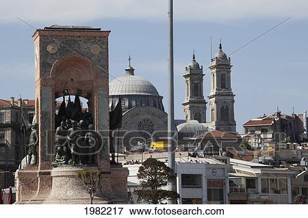 Stock Photo - Independence Monument Commemorating Kemal Ataturk In Taksim Square; Istanbul Turkey. Fotosearch