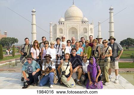 India, Agra, Group Photo Of Tourists With Cameras In Front Of The Taj Mahal. View Large Photo Image Stock Photograph - India, Agra, Group Photo Of Tourists With Cameras In Front Of The Taj Mahal.. Fotosearch