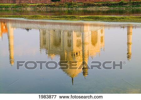 India, Agra, Taj Mahal, Temple Reflection At Sunset On Yamuna River. View Large Photo Image Stock Photo - India, Agra, Taj Mahal, Temple Reflection At Sunset On Yamuna River.. Fotosearch