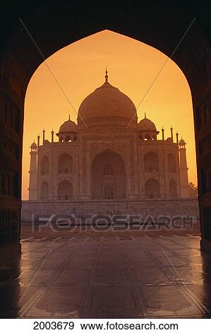 India, Agra, View Of Taj Mahal Through Archway Of Adjacent Building, Orange Sunset Sky View Large Photo Image Stock Photo - India, Agra, View Of Taj Mahal Through Archway Of Adjacent Building, Orange Sunset Sky. Fotosearch