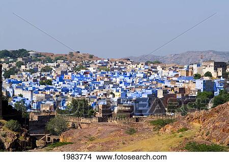 Picture - India, Blue city of Jodhpur showing all blue buildings taken from Fort Mehrangarh; Rajasthan. Fotosearch