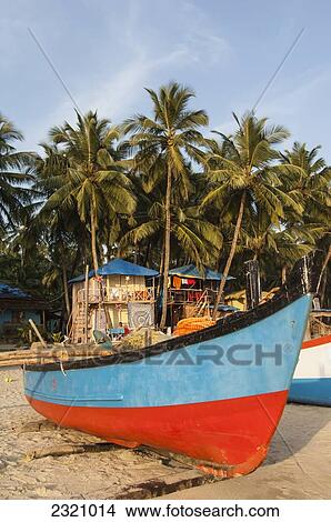 Picture - India, Colorful Fishing Boat On Palolem Beach; Goa. Fotosearch
