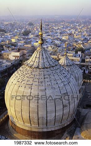 India, Delhi, Jama Masjid, Aerial View Of Mosque With Birds Sitting Atop, City Skyline In Distance. View Large Photo Image Stock Image - India, Delhi, Jama Masjid, Aerial View Of Mosque With Birds Sitting Atop, City Skyline In Distance.. Fotosearch
