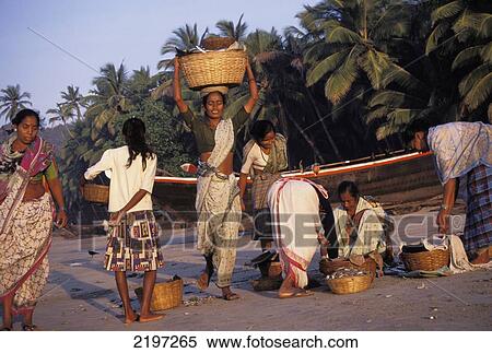 Stock Photography - India, Goa, Woman Sorting Morning Catch; Palolem. Fotosearch