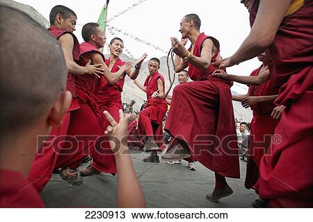Stock Image - India, Himalayas, Leh Ladakh, Buddhist Monks Near Diskit Monastery; Nubra Valley. Fotosearch