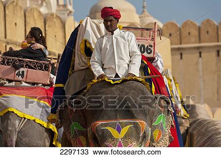Stock Image - India, Rajasthan, Elephants going up and down path to Amber Fort; Jaipur. Fotosearch