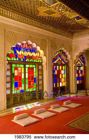 Stock Photography - India, stained glass windows of fort palace; Rajasthan, beautiful temple for royals, Jodhpur at Fort Mehrangarh. Fotosearch