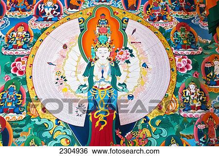 Stock Photograph - India, West Bengal, Mural of the 1000-armed Avalokiteswara Buddha (Buddha of Compassion) Thongsa Monastery (Bhutanese); Kalimpong. Fotosearch