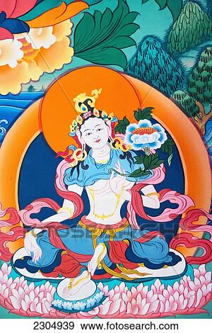 Stock Photo - India, West Bengal, Murals of White Tara at the Thongsa Monastery (Bhutanese); Kalimpong. Fotosearch