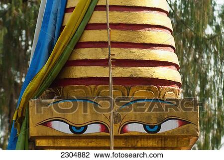 Stock Image - India, West Sikkim, Buddha eyes on stupa belonging to Choki Lodro at Tashiding Monastery; Tashiding Monastery. Fotosearch