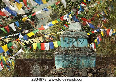 Stock Photo - India, West Sikkim, Powder blue stupa with Buddha eyes at Kecheopalri Lake. It is a small replica of the Boudanath stupa outside Kathmandu in Nepal; Kecheopalri Lake. Fotosearch