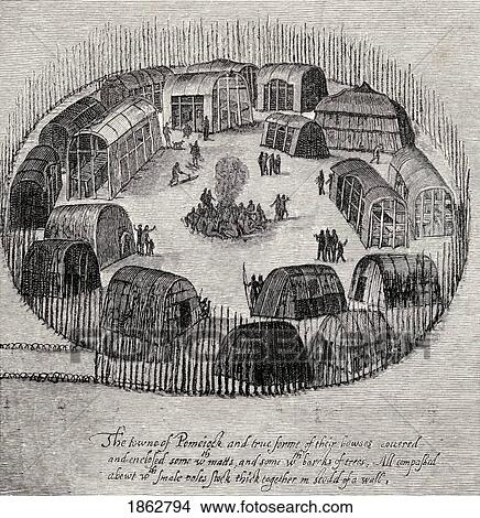 Picture - Indian Village Enclosed With Palisades Engraved From The Original Drawing By John White In 1585 From The Book The Century Illustrated Monthly Magazine May To October 1883. Fotosearch