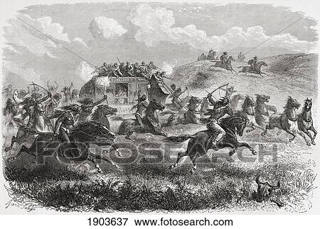 Indians Attacking A Transcontinental Stagecoach In 1867. From El Mundo En La Mano Published 1878. View Large Photo Image Stock Photo - Indians Attacking A Transcontinental Stagecoach In 1867. From El Mundo En La Mano Published 1878.. Fotosearch