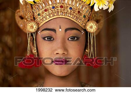 Stock Image - Indonesia, Bali, Legong Dancer, Close Up Of Her Face B1751. Fotosearch