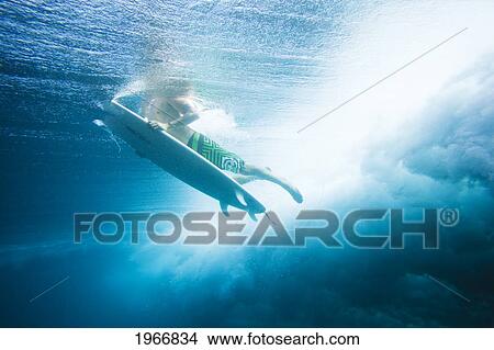 Picture - Indonesia, Bali, Surfer Duck Dives Under Wave, View From Underwater. Fotosearch