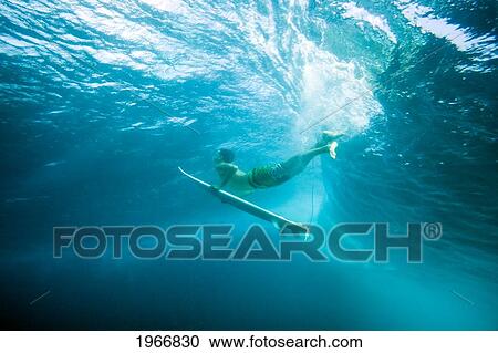 Stock Image - Indonesia, Bali, Surfer Duck Dives Under Wave, View From Underwater. Fotosearch