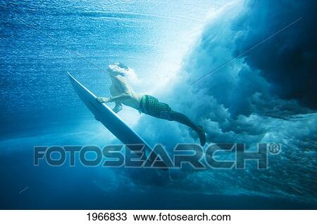 Stock Image - Indonesia, Bali, Surfer Duck Dives Under Wave, View From Underwater. Fotosearch