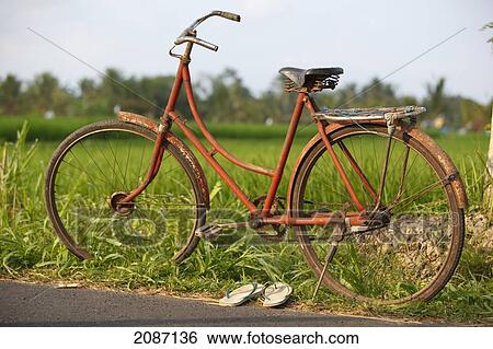 Stock Photograph - Indonesia, Bali, Ubud, Vintage bike in front of rice fields. Fotosearch