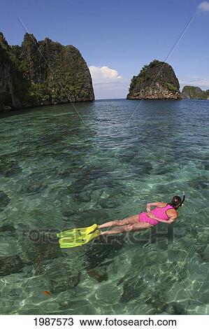 Stock Image - Indonesia, Banda Sea, Misool Islands, View From Above Of Woman Snorkeling Over Shallow Reef, Islands In Background. Fotosearch