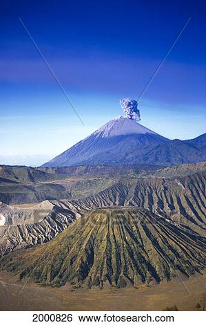 Stock Photograph - Indonesia, Overview Of Bromo Tengger Semeru National Park, Smoking Volcano. Fotosearch