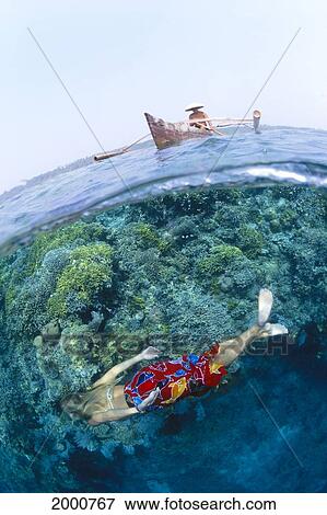 Stock Photo - Indonesia, Sulawesi, Bunaken Island, Over/Under, Woman Snorkels, Man In Canoe. Fotosearch