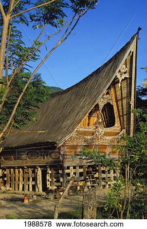 Stock Photo - Indonesia, Sumatra, Toba Lake, Outside View Of Traditional Batik House. Fotosearch