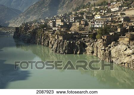 Stock Image - Indus River Flowing Through The Town Of Dasu, North-West Frontier Province, Pakistan. Fotosearch