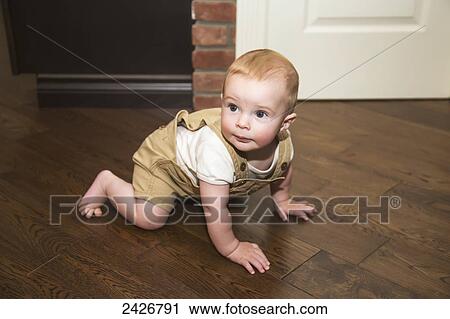 Stock Image - Infant crawling on hardwood floor; St. Albert, Alberta, Canada. Fotosearch