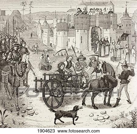 Stock Image - Infante Ferdinand Of Portugal, Count Of Flanders, 1188-1233, Taken To Paris After His Capture At The Battle Of Bouvines, July 1214. From Military And Religious Life In The Middle Ages By Paul Lacroix Published London Circa 1880.. Fotosearch