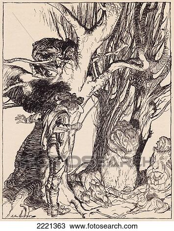 Stock Image - Instantly They Lay Still All Turned Into Stone. Illustration By Arthur Rackham From Grimm's Fairy Tale, The Two Brothers.. Fotosearch