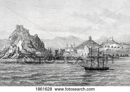 Stock Photo - Insurgent Ship Visiting Aguilas Murcia Province Spain With Requisitions During 3Rd Carlist War From Illustrated London News October 4 1873. Fotosearch