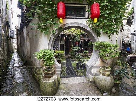 Stock Image - Interior garden of a house, Hongcun, Anhui, China. Fotosearch