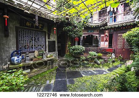 Stock Photograph - Interior garden of a house, Hongcun, Anhui, China. Fotosearch