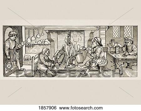 Stock Photograph - Interior Of A 16Th Century Kitchen. Copy Of Woodcut In Calendarium Romanum By Jean Staeffler Printed In Tubingen Germany 1518. Fotosearch