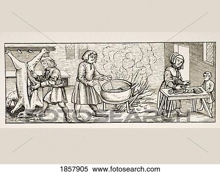 Stock Photography - Interior Of A 16Th Century Kitchen. Copy Of Woodcut In Calendarium Romanum By Jean Staeffler Printed In Tubingen Germany 1518. Fotosearch