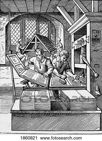 Stock Image - Interior Of A 16Th Century Printing House By Jost Amman From A Sixteenth Century Engraving. Fotosearch