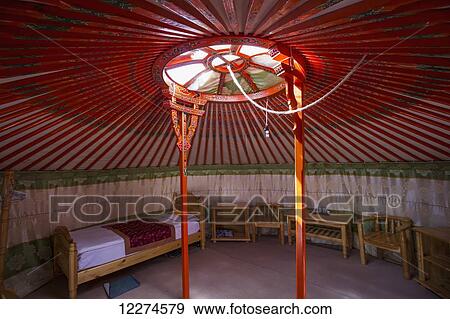 Stock Photo - Interior of a Mongolian Ger (yurt) tourist accommodation at the Gobi Discovery 2 Ger Camp, Gobi Gurvansaikhan National Park,? mnÃƒÆ’Ã‚Â·govi Province, Mongolia. Fotosearch