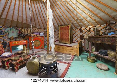 Picture - Interior of a traditional Mongolian ger (yurt) by Ongi Monastery, Saikhan-Ovoo, Dundgovi Province, Mongolia. Fotosearch