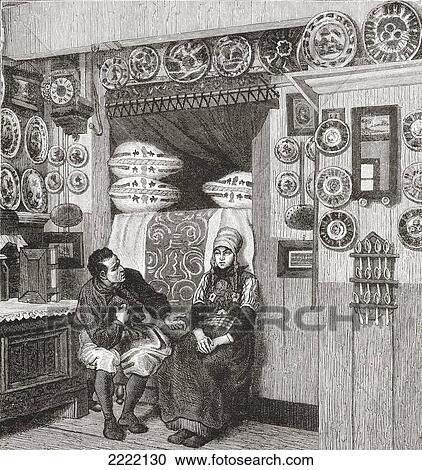 Stock Image - Interior Of A Typical Wooden House On The Island Of Marken, The Netherlands In The 19Th Century. From Pictures From Holland By Richard Lovett, Published 1887.. Fotosearch