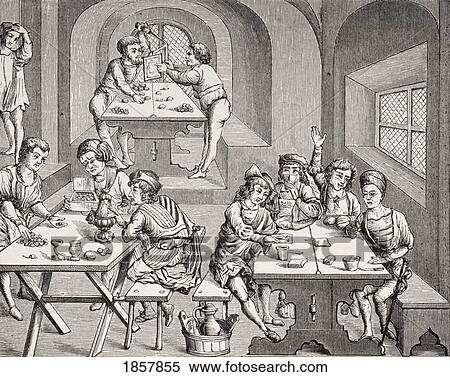 Stock Photography - Interior Of An Hostelry. 19Th Century Reproduction Of A Woodcut In A Folio Edition Of Virgil Published In Lyons 1517. Fotosearch