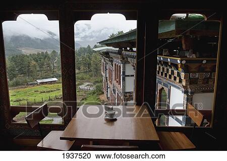 Stock Image - Interior Of Hotel Restaurant; Phobjikha Valley Bhutan. Fotosearch