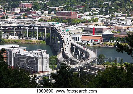 Stock Image - Interstate 5 Over Marquam Bridge; Portland, Oregon, Usa. Fotosearch