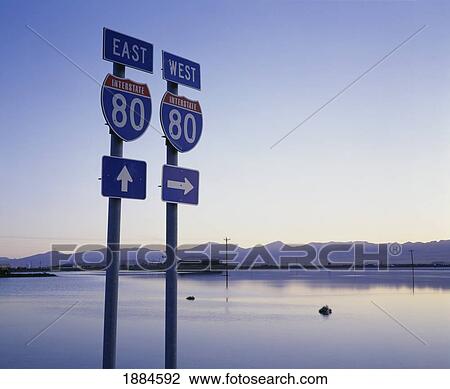 Stock Image - Interstate 80 Sign By Lake. Fotosearch