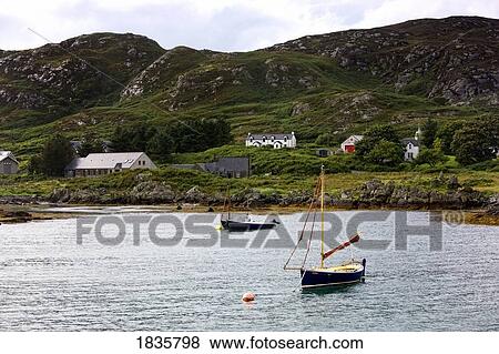 Stock Photo - Isle Of Colonsay, Scotland; Sailboats And Coastal Dwellings. Fotosearch