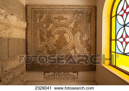 Stock Image - Israel, Close-up of byzantine mosaic in Church of St Peter; Gallicantu. Fotosearch